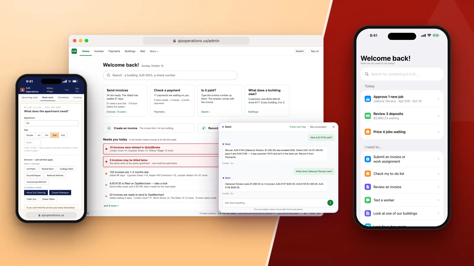 The AJS Operations system on an iPhone, a web admin dashboard with the Domi assistant open, and the owners’ iPhone home screen.