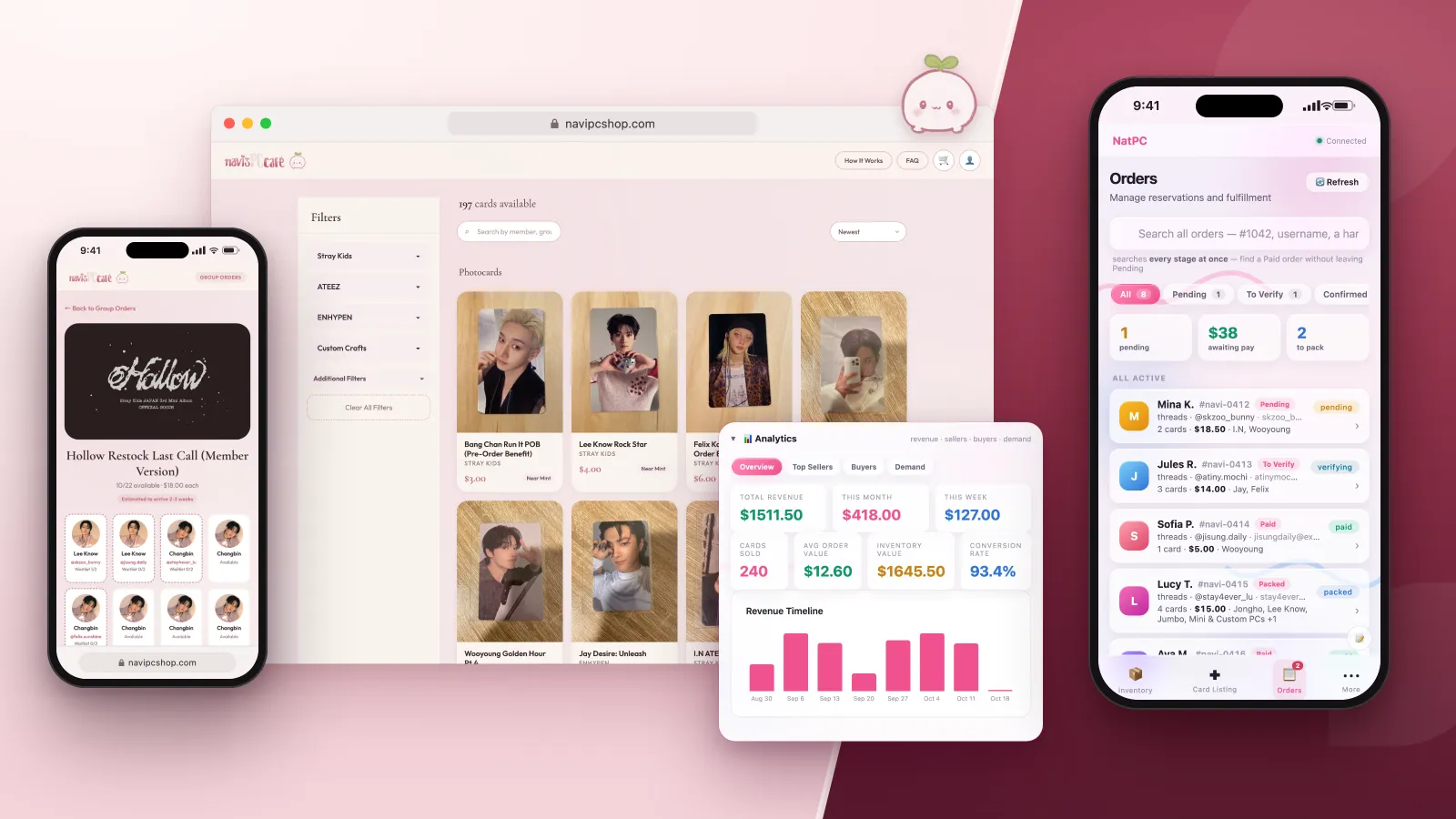 Navi’s PC Cafe: the photocard storefront on desktop and iPhone, a sales analytics card, and the owner’s iPhone order manager.